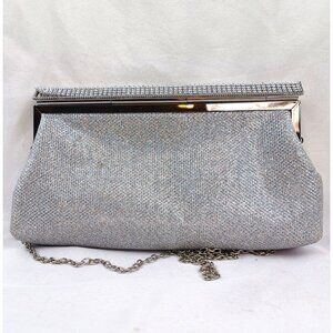 Silver Glitter Clutch Purse W/ Rhinestone Embellishment & Chain Strap By Nine
